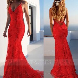 Stunning Red Lace Formal Prom Bridesmaid Dress